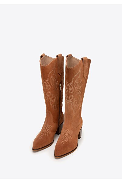 Wittchen Ghete cowboy pentru femei din piele întoarsă cu modele brodate, maro...