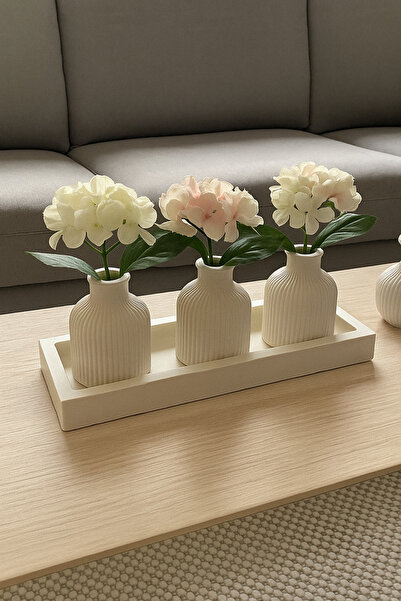 Omerella Beton Tabaklı 3 lü Vazo Seti (Çiçekler Dahil Değil)