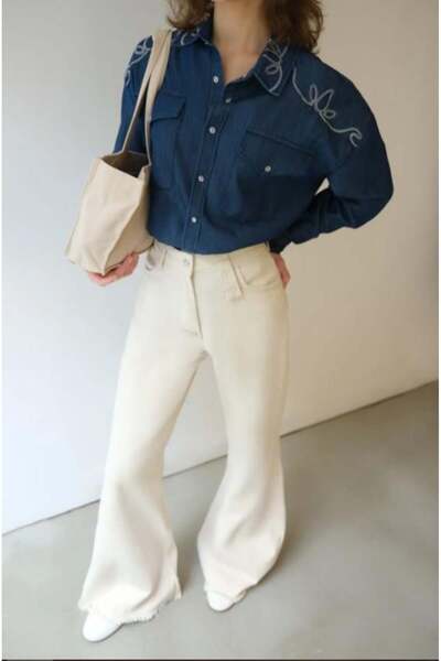 Touche Omuz Nakışlı Denim Efektli Gömlek