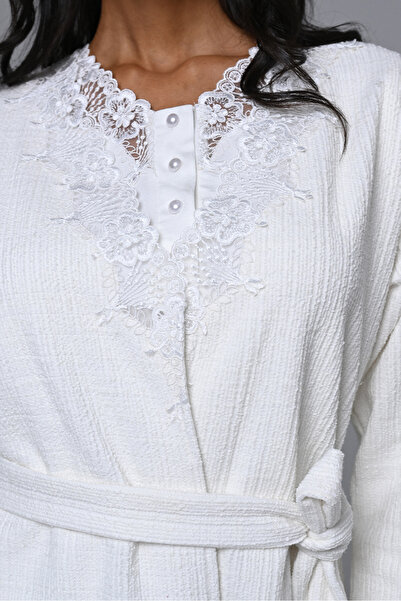 Lohussa Γυναικείο Σετ Πυτζάμες Εκρού Ζακάρ Δαντέλα Χειμερινό Ειδικό Σχέδιο Μητρότητας Ματαιούργια Φόρεμα