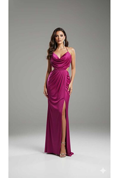 lavinsis İp Askılı Drapeli Derin Yırtmaçlı Bel Detaylı Elbise