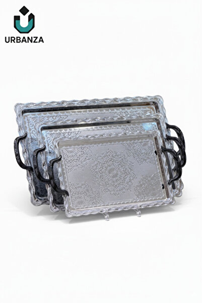 Urbanza طقم صواني تقديم فضية من 3 قطع بمقابض سوداء - تصميم محفور بأزهار