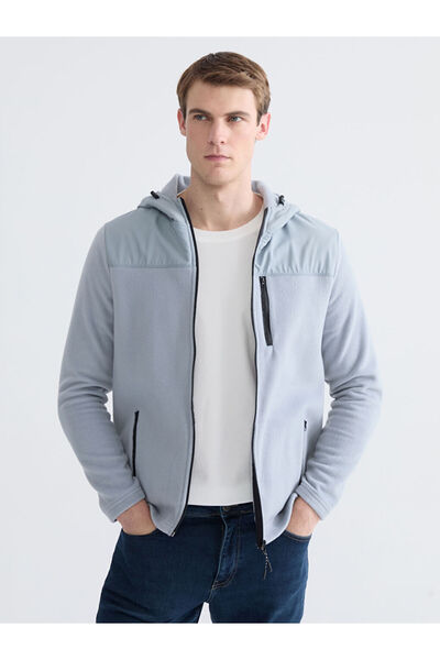 LC Waikiki Gray Hooded Fleece Men's Zippered Sweatshirt