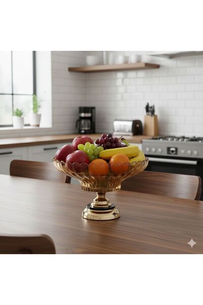 Hinora Çizgi Model Bal Rengi Derin Cam Meyvelik Büyük Boy 35cm