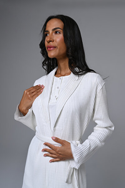 Lohussa Women's Ecru Jacquard Shawl Collar Lace Winter Special Design Maternity Pajama Set