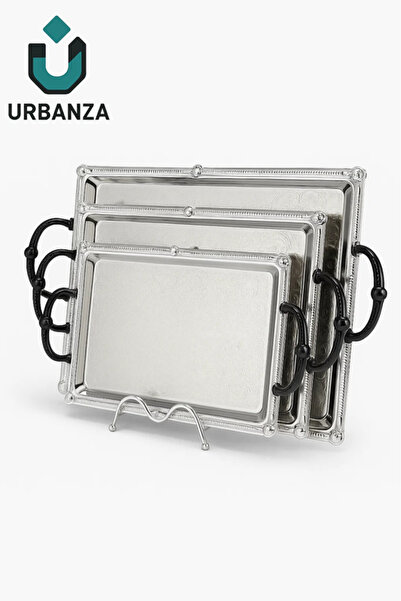 Urbanza طقم صواني تقديم فضية من 3 قطع بمقابض سوداء أنيقة - متينة وأنيقة ومتعددة الاستخدامات