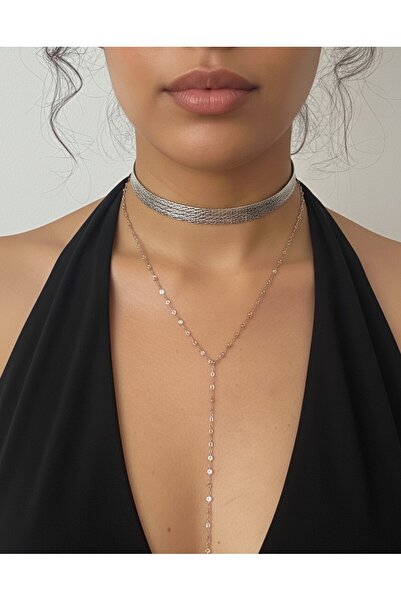 MEKKANMODA Kadın Çelik Y Kolye Parıltılı Zincir Sade