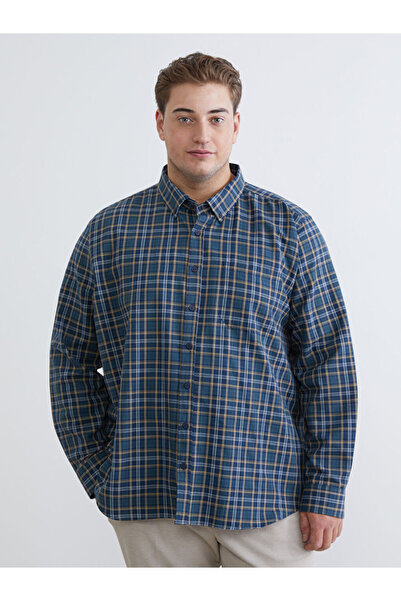 LC Waikiki Green Plus Size Regular Fit Long Sleeve Plaid Gabardine Men's Shirt