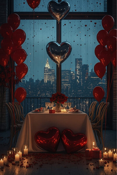 SkyPop Romantic Dinner Set, Foil and Metallic Balloons, Round Candle, Dried Rose, Love