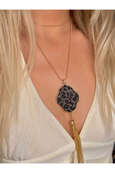 YOUES JEWELRY Çelik Süet Leopar Desenli Uzun Kolye Kadın Kolye
