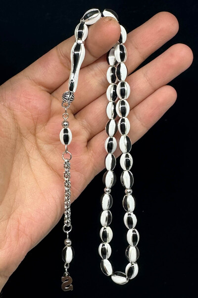 Fabula Silver 925 Ayar Gümüş Zincirli Siyah Beyaz Renk Metal Tesbih Kişiye Öz...
