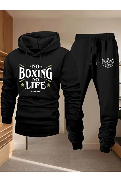 Massgai Unisex No Boxing Life Printed Hooded Oversized Bottom-Top Set Cotton Tracksuit Set