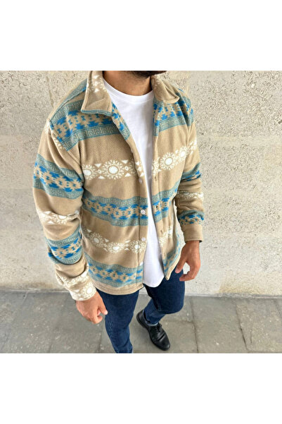 modaserdem Men's Patterned Fleece Shirt – Ethnic Stripe Pattern Collar, Long Sleeve, Buttoned, Oversized Raha
