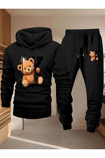 Massgai Unisex Bear King Printed Hooded Oversized Bottom-Top Set Cotton Tracksuit Set