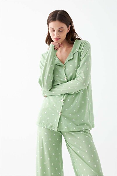 modaserdem طقم بيجامة نسائية من القطن بأزرار ونقشة قلب أخضر من Mdsrdm