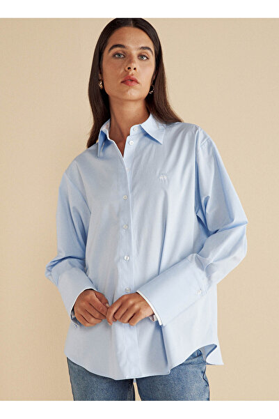 BROOKS BROTHERS Oversize Gömlek Yaka Mavi Kadın Gömlek %100 Pamuk Kontrast Garnili Oversiz