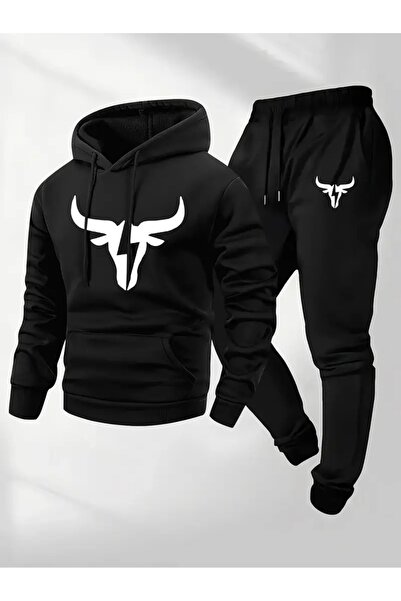 Massgai Unisex Bull Bull Head Printed Hooded Oversized Bottom-Top Set Cotton Tracksuit Set