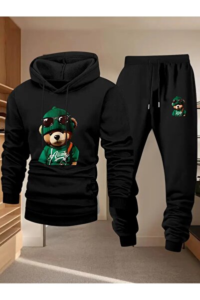 Massgai Unisex Bear Printed Hooded Oversized Bottom-Top Set Cotton Tracksuit Set