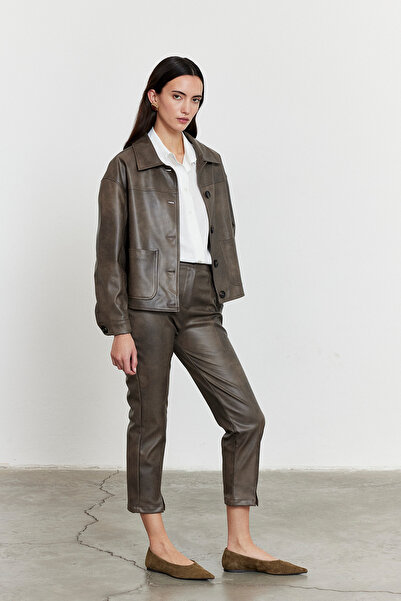 FACETTE Faux Leather Slit Detail Trousers Gray