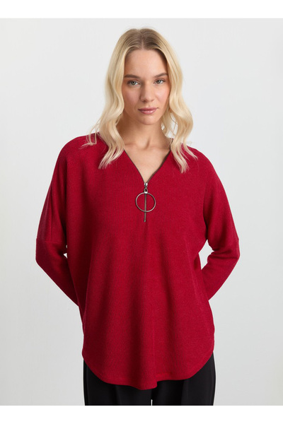 Selen V Yaka Düz Kırmızı Kadın Bluz 25KSL8219