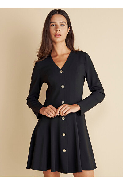 BROOKS BROTHERS V Yaka Düz Siyah Mini Kadın Elbise V Yaka Volanlı Mini Elbise