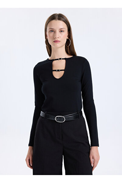 Sisley Bisiklet Yaka Düz Siyah Kadın T-Shirt 374SL108A