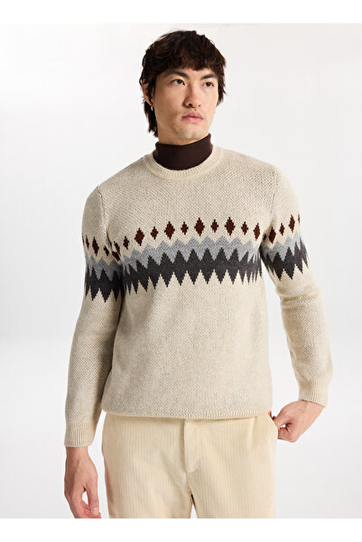 Mustang Bisiklet Yaka Normal Örgü Desenli Kırık Beyaz Erkek Kazak M5WM-KZK1553