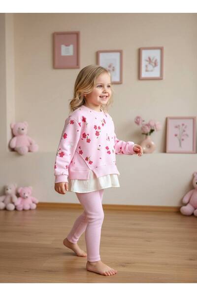 PINY PINKY FLOWERS Gömlek Detaylı Pembe Sweatshirt ve Tayt Takım