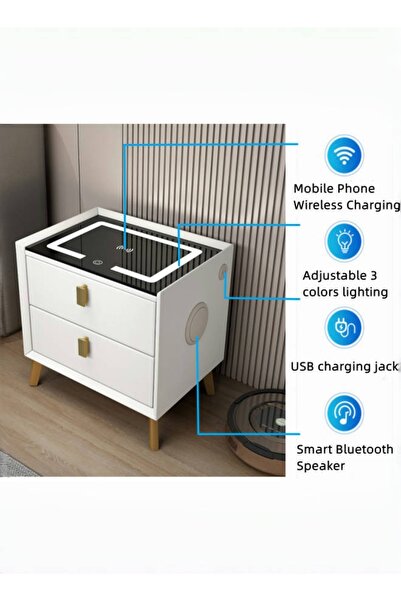 Venpara Smart Bedside Table with Wireless Charging, Bluetooth Speaker, 3-Color Lighting & 2 Drawers