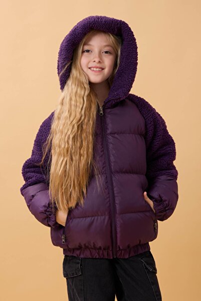 Perendi Παιδικό πουπουλένιο παλτό με κουκούλα και μανίκια – Μωβ