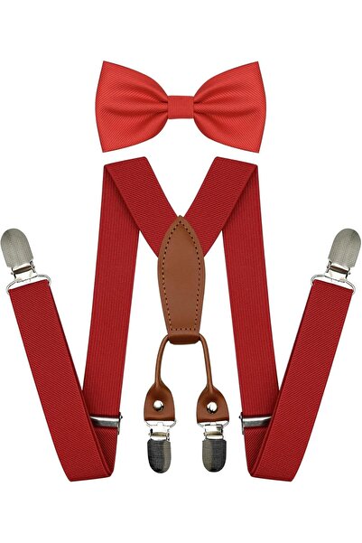 THE WHITE SHOP Adjustable Boy Suspenders and Pre-tied Tie, Kids Bowtie and Suspenders with 4 Strong