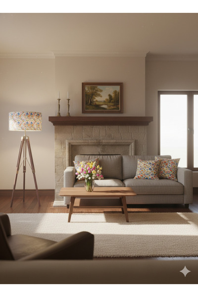 Otay Aydınlatma El Yapımı Somon Çiçekler Desenli Kumaş Lambader Başlığı ( Sadece Başlık )