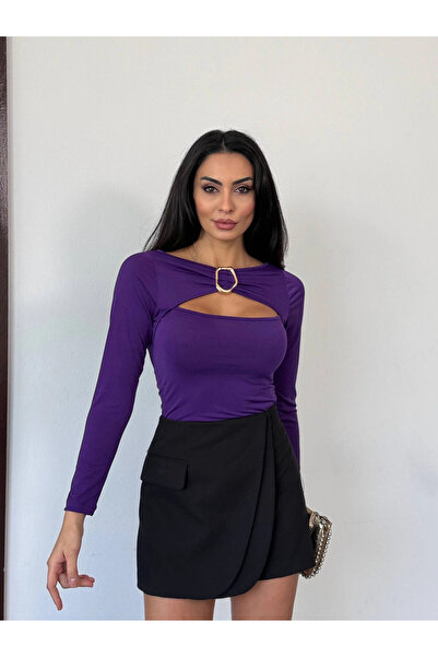 hazelin Bluză mov cu mânecă lungă pentru femei, cu decolteu în jos, cu cataramă HZL25W-FRY123501