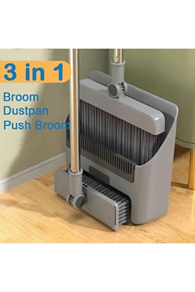 RADIOTRONICS Broom with Dustpan Combo Set (Grey) — Long Handle, Stand-Up Dustpan