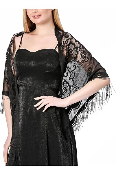 Tazweeq Lace Triangle Shawl with Tassels - Black, One Size
