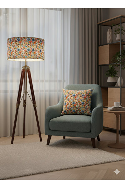 Otay Aydınlatma El Yapımı Somon Çiçekler Desenli Kumaş Lambader Başlığı ( Sadece Başlık )