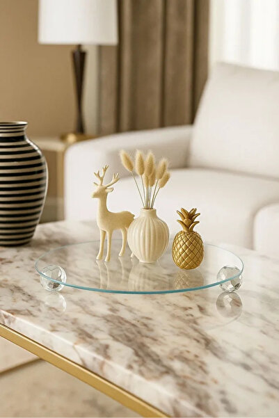 ZENTRA HOME Decorative Glass Tray Crystal - Diamond Round Model Glass Presentation Stand / Organizer with Ball Feet