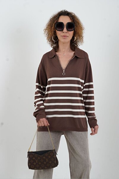 Zelish My Sister Pulover cu guler polo cu fermoar cu dungi maro