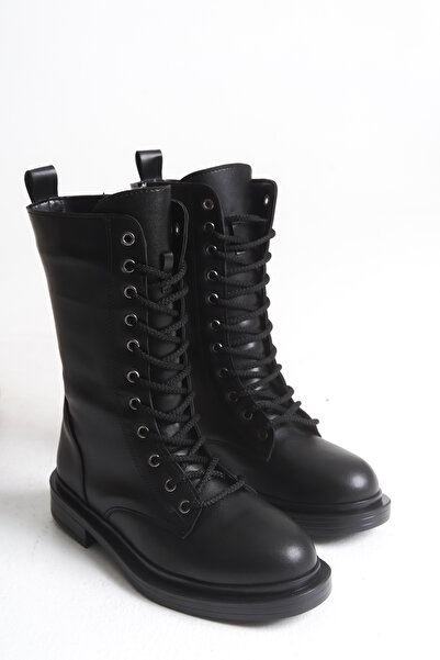 Adımla Μαύρες δερμάτινες γυναικείες μπότες Hanna με κορδόνια με φερμουάρ μέσα με χοντρή σόλα αδιάβροχη