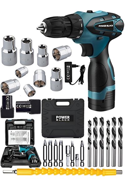 POWER BLACK ŞARJLI MATKAP 12 V 24 PARÇALI ÇANTALI 2 BATARYALI 1 ŞARJ CİHAZLI