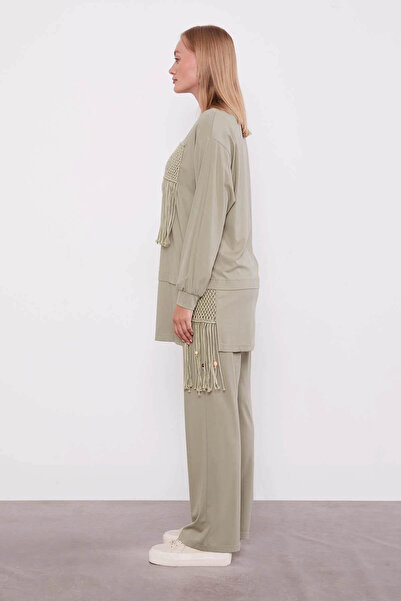 Levidor Trender Straw Tassel Detailed Green Women's Top and Bottom Set 100807