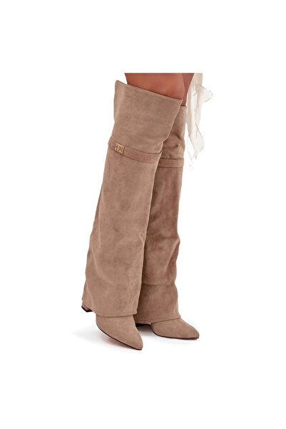 BOTO Cizme izolate cu partea superioară răsucită peste genunchi toc bloc bej Serelle 37