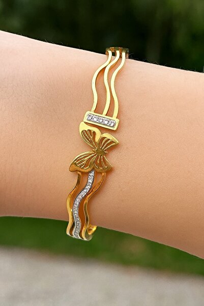 TAKIŞTIR Gold Color Butterfly Figured Steel Cuff Bracelet