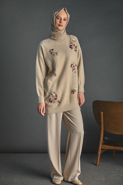 Setrms Pulpayet Boncuk Çiçekli Triko Tunik