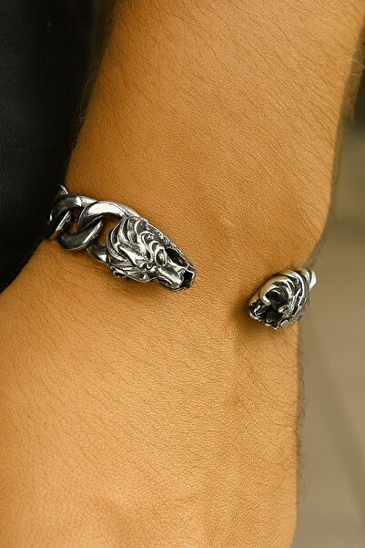 TAKIŞTIR Silver Color Lion Figured Men's Steel Handcuff Bracelet