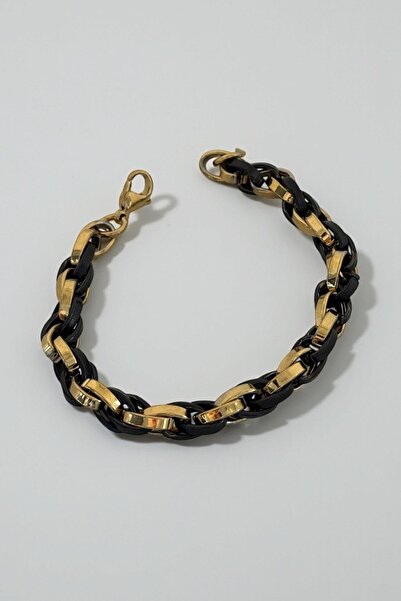 TAKIŞTIR Black and Gold Color Chain Detailed Steel Men's Bracelet