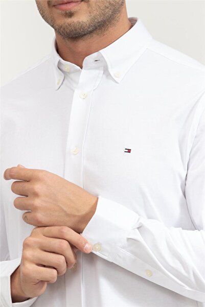Tommy Hilfiger Erkek Regular Fit Gömlek Yaka Pamuk Karışımlı Uzun Kollu Beyaz Gömlek MW0MW39418-YCF