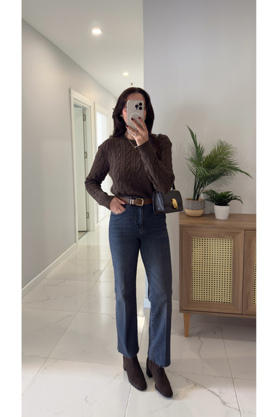 BİRCANÇİL Melotti Dark Blue Wash Raw Hem Belted Straight Jean