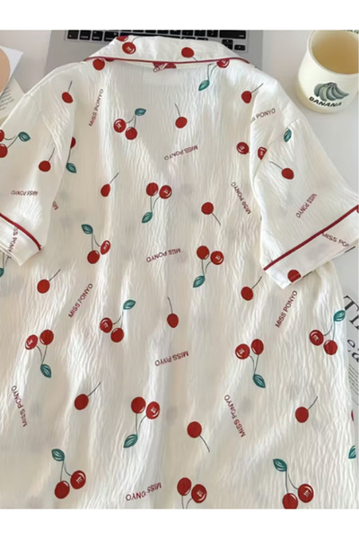 BORKA Women's 2-piece cherry print pajama set, made of synthetic cotton, Korean design, suitable for all seasons