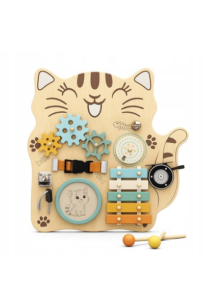 zola Montessori educational board, sensory activities, kitty, wooden, 38 x 40 cm, multicolor